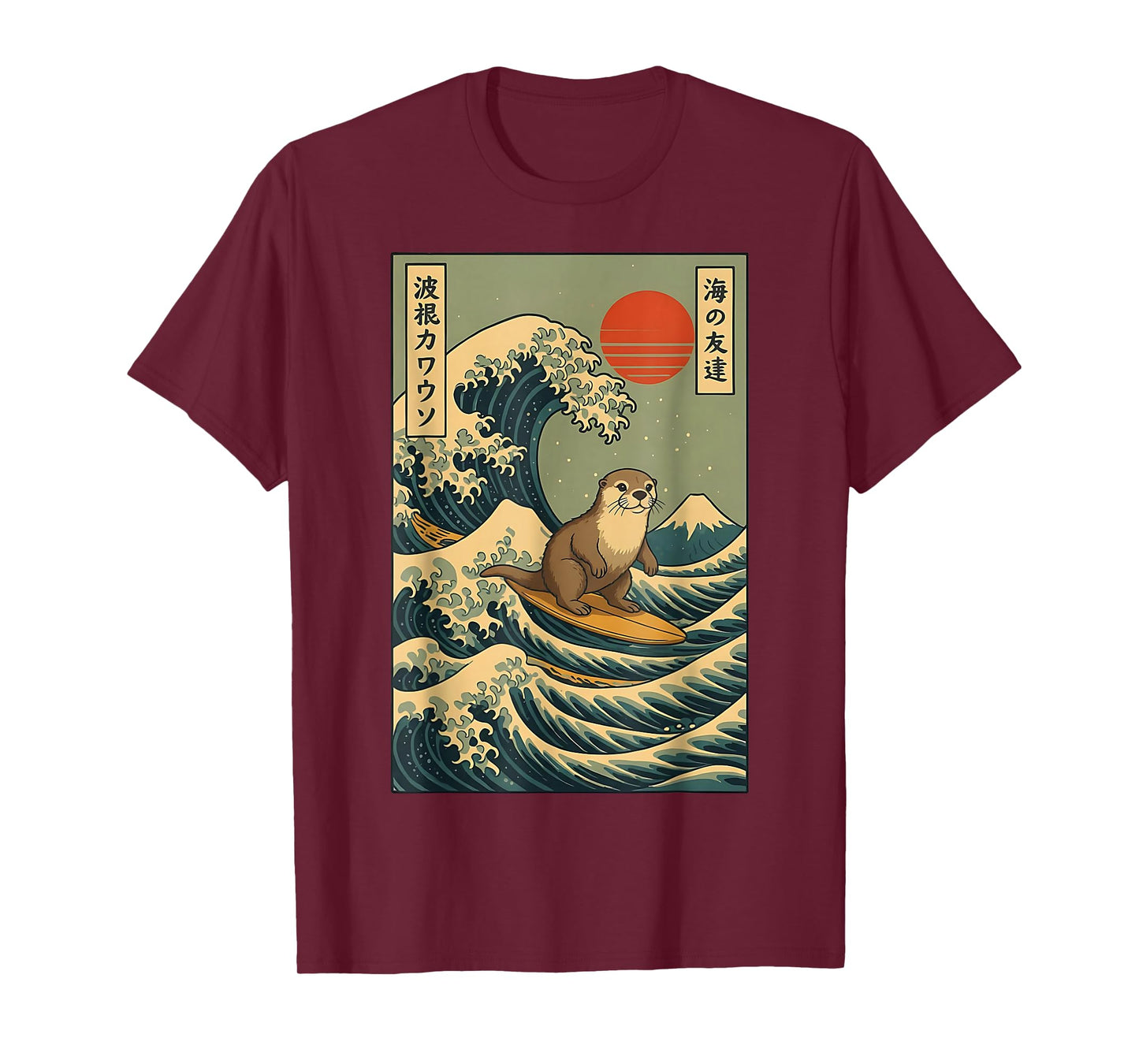 Surfing Otter Japanese Wave Design Retro Ukiyo-e Artwork T-Shirt
