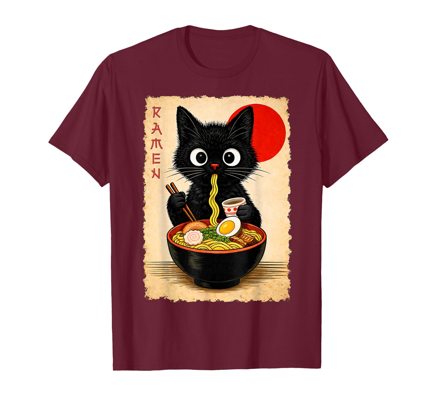 Cute Black Cat Eating Ramen Artwork Print Anime Style Wall T-Shirt