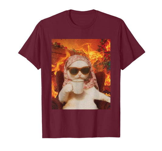 Chill Cat and Coffe Xmas Funny Cat Meme Y2K Joke T-Shirt