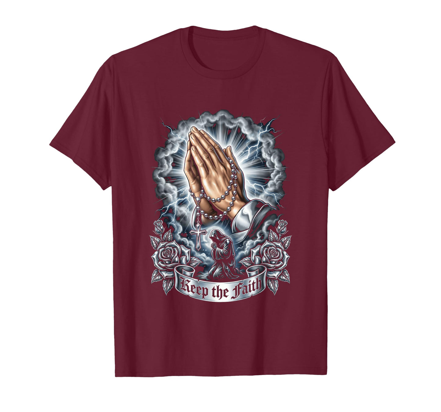 Chicano Praying Hands Rosary Keep The Faith Religious T-Shirt
