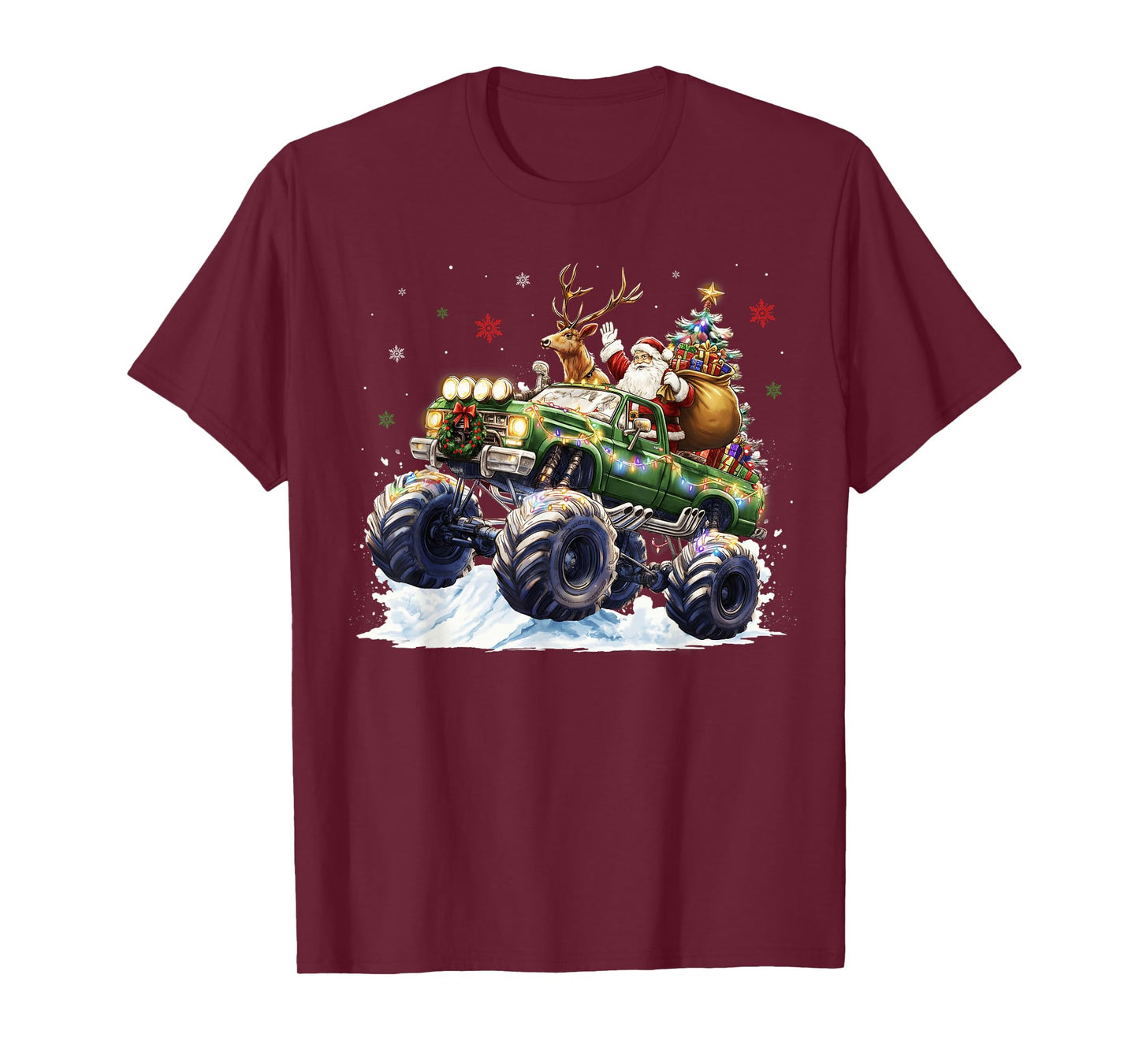 Reindeer Santa Riding Monster Truck Christmas Tree Men Boy T-Shirt