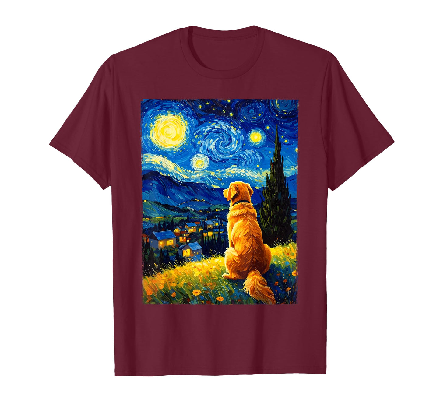 Van Gogh Starry Night Painting Golden Retriever Dog T-Shirt
