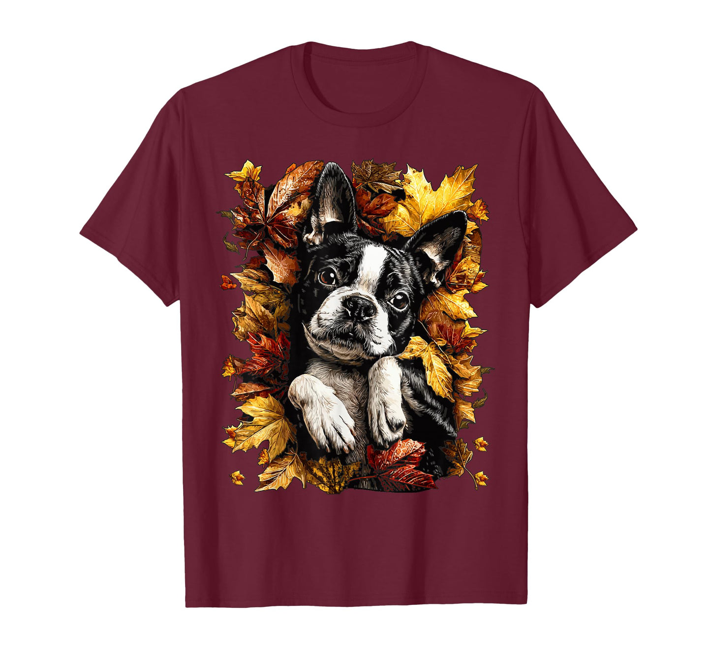 Adorable Boston Terrier with Autumn Leaves Fall Season Dog T-Shirt