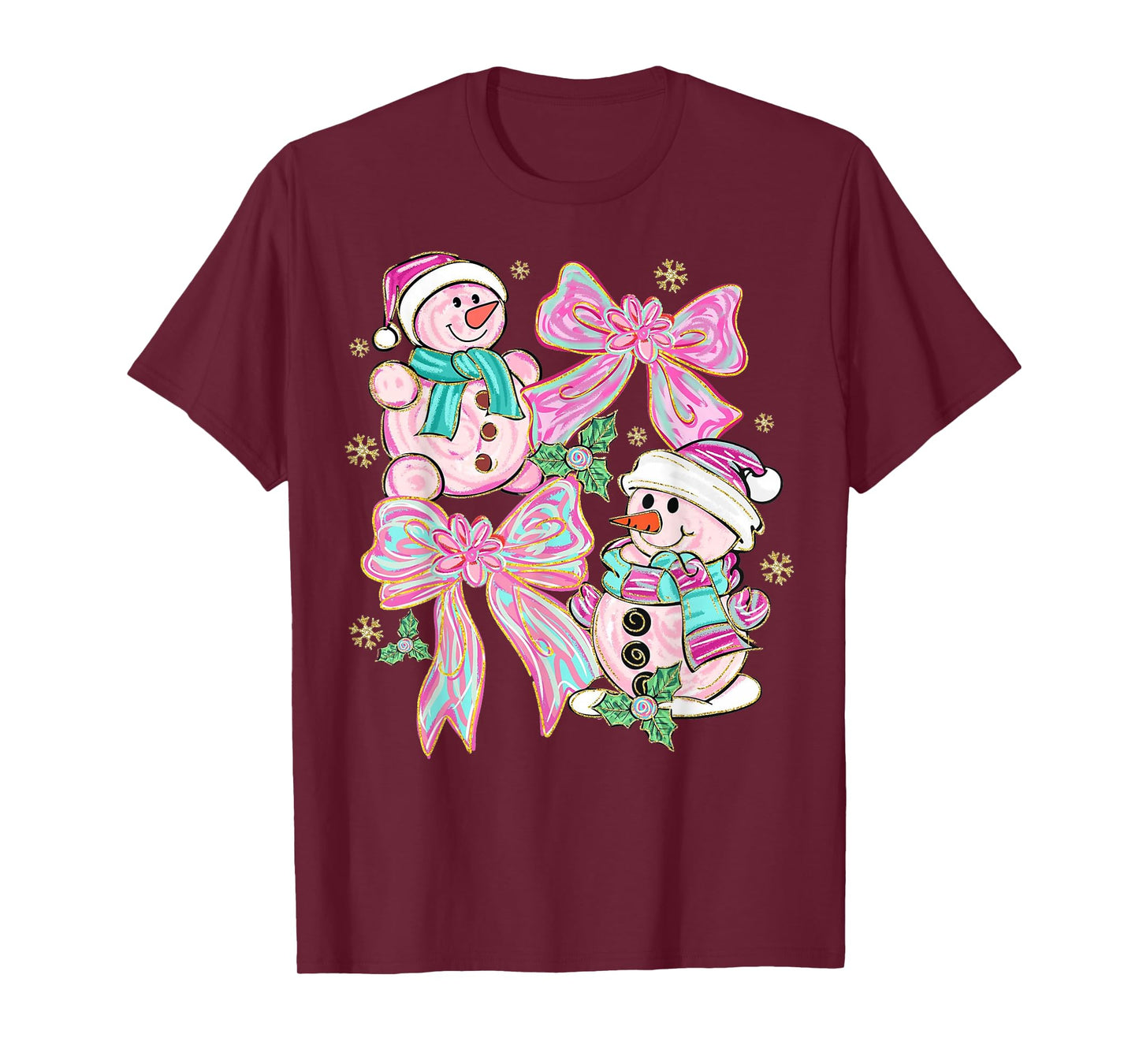 Pink Coquette Snowman Christmas Cute Holiday Design T-Shirt
