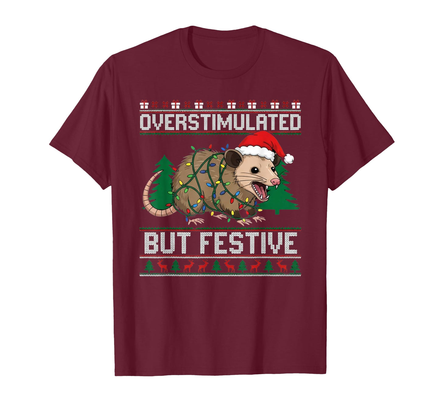 Overstimulated But Festive Possum Christmas Pajamas Ugly T-Shirt