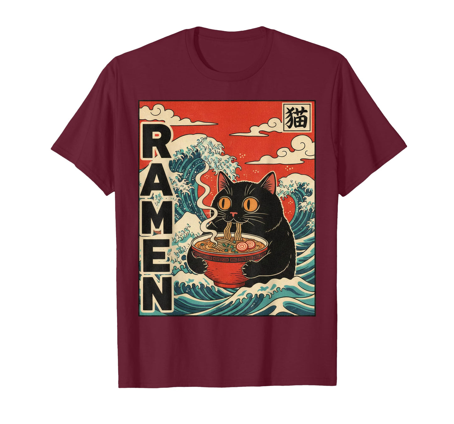 Funny Graphic Vintage Cat Ramen Japanese Ukiyo-e Woodblock T-Shirt