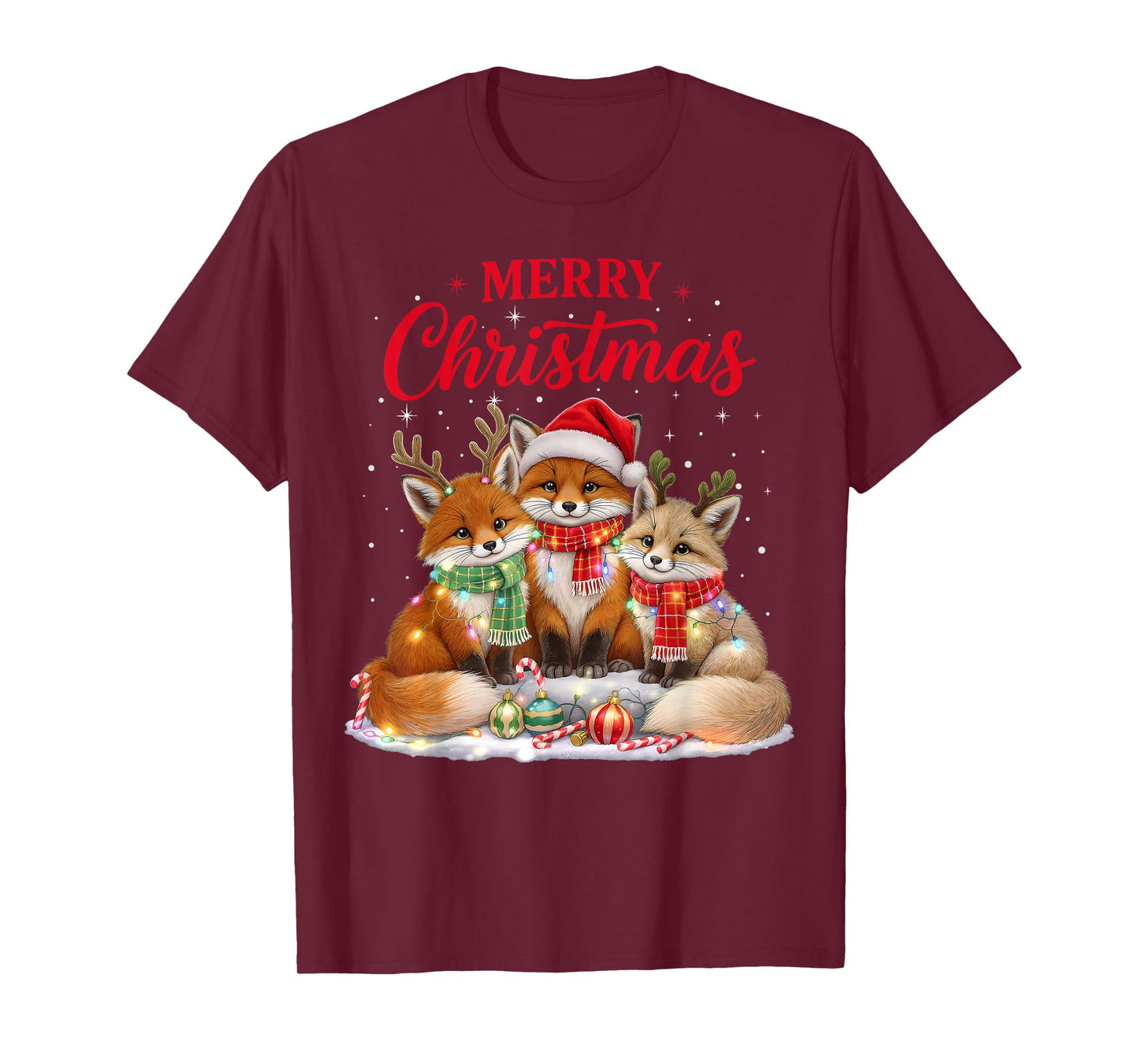 Funny Fox Christmas Lights Santa Xmas Forest Animals Holiday T-Shirt