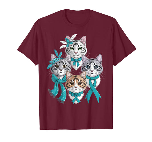 Cervical Cancer Awareness Month Cats with Teal Ribbon 2026 T-Shirt