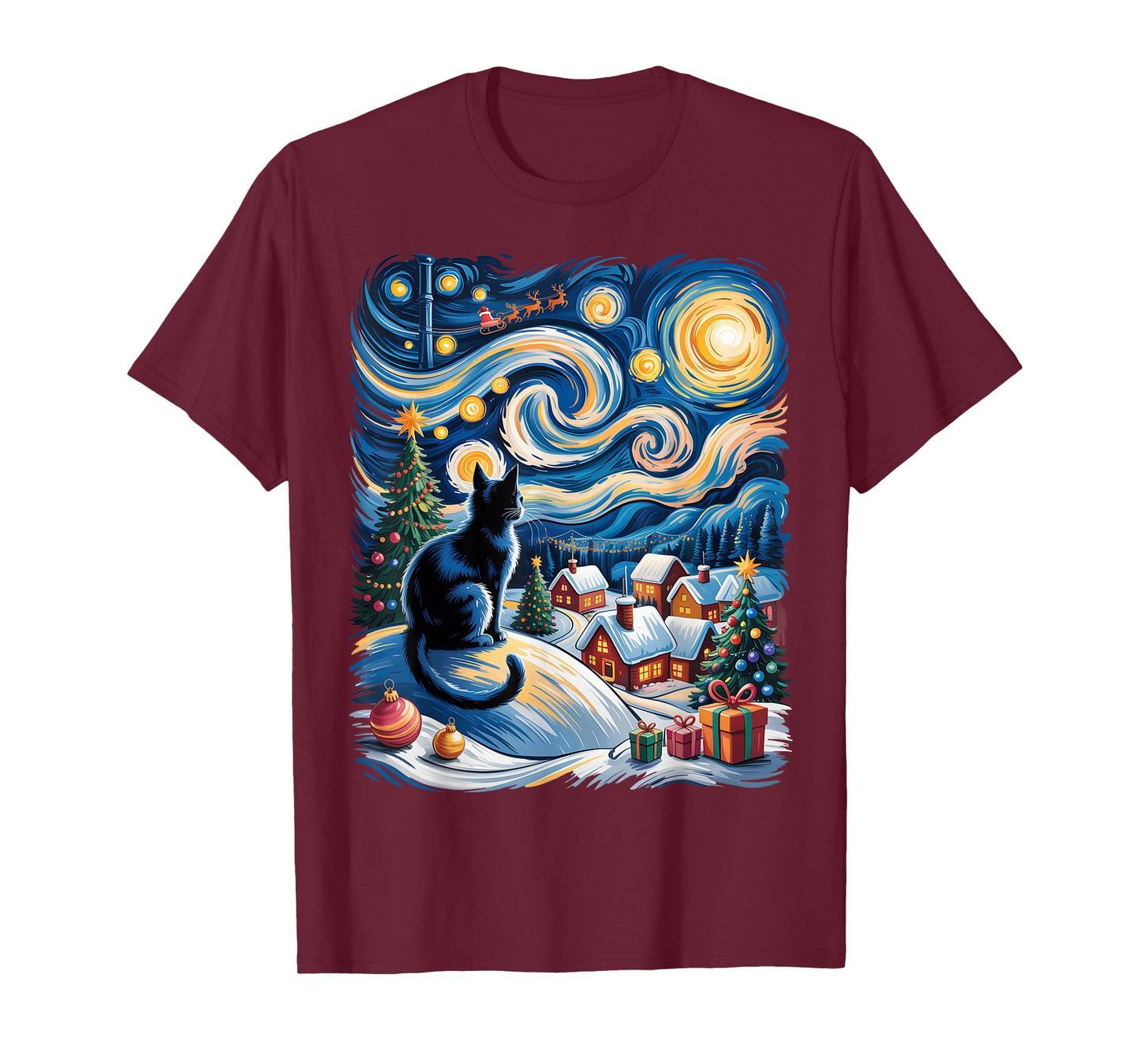 Christmas Cat Van Gogh Starry Night Xmas Cat Kitten Graphic T-Shirt