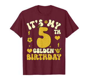 It's My 5th Golden Birthday 5 Year Old Bday Kids Groovy T-Shirt