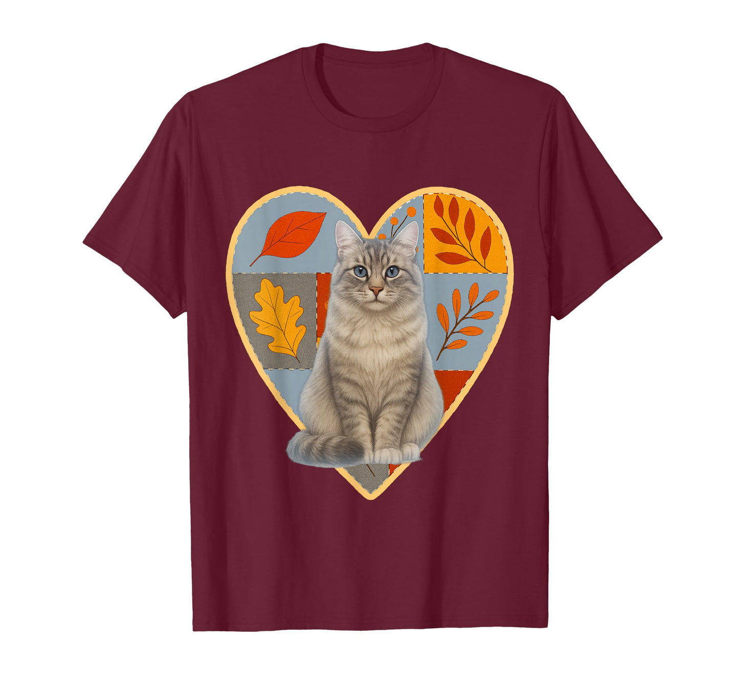 Silver Siberian Forest Cat Autumn Fall Patchwork Leaves Hear T-Shirt