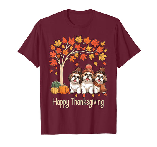 Funny Three Shih Tzu Dogs Tree Happy Thanksgiving T-Shirt