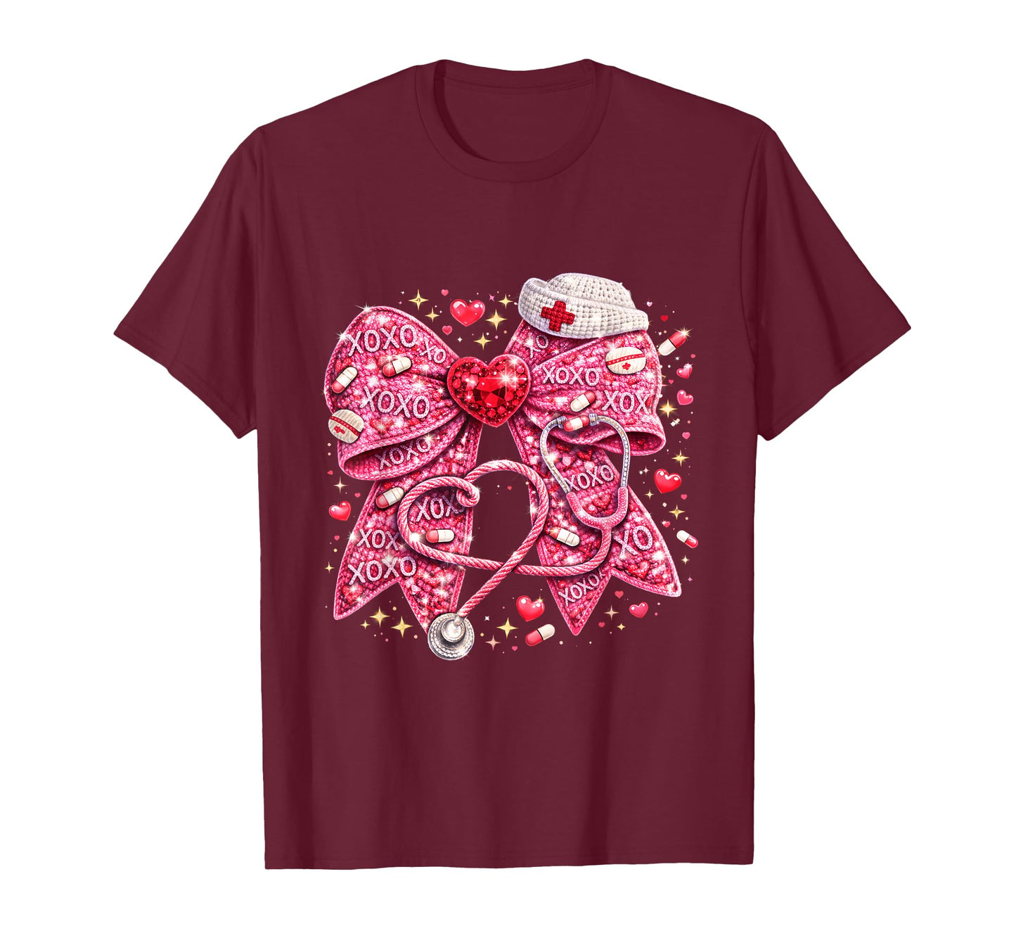 Sparkly Nurse Valentine Bow Design Cute Medical Love Art T-Shirt