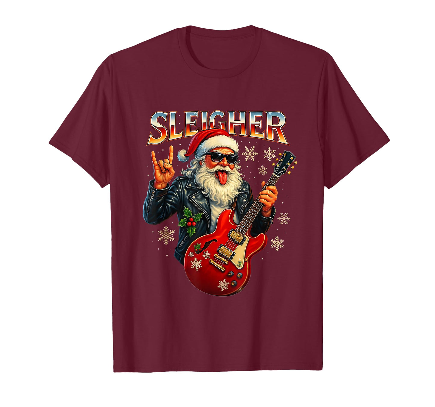 Sleigher Rock Santa Funny Metal Christmas Design T-Shirt