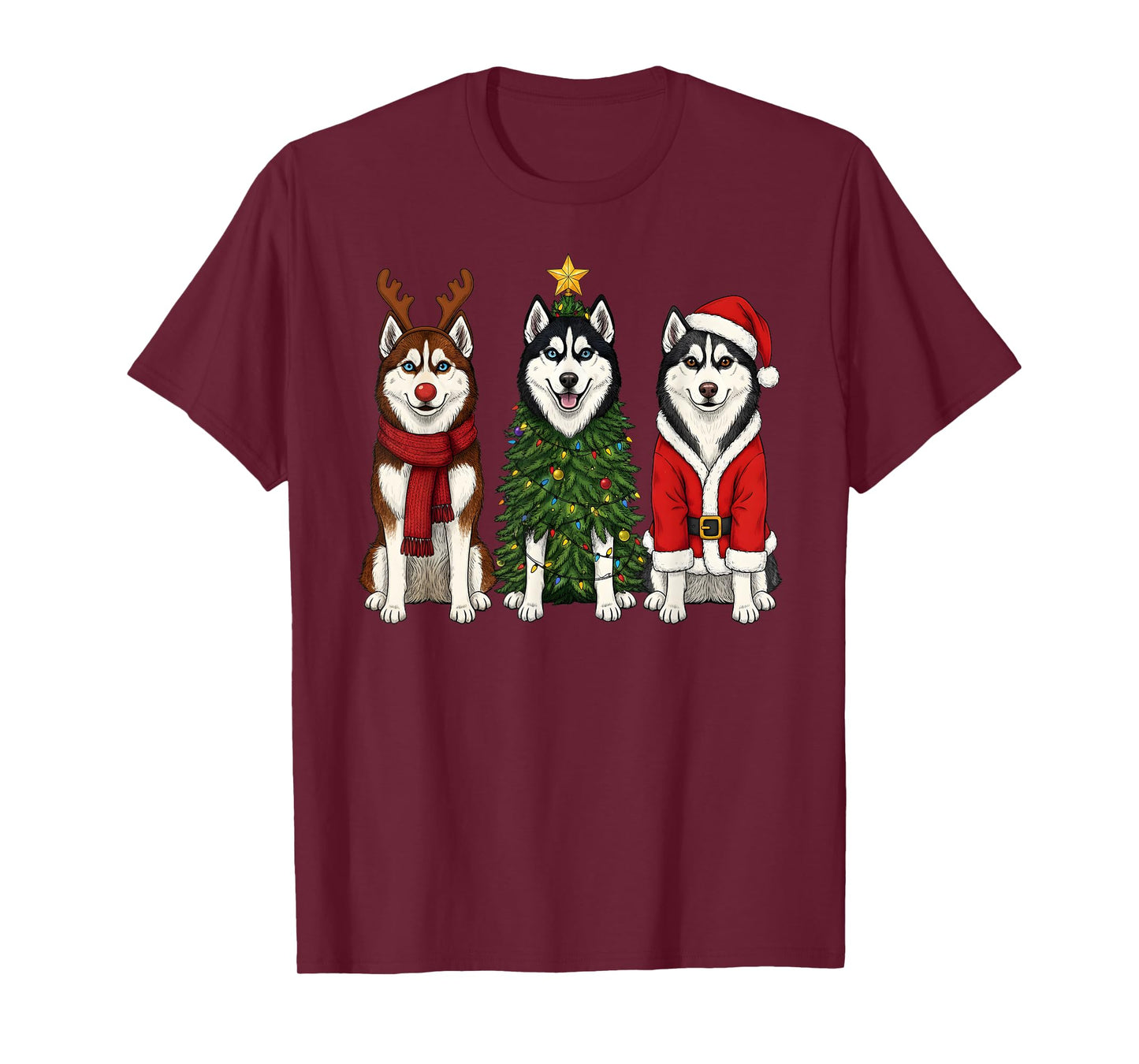 Retro Christmas Siberian Husky Santa Reindeer Dog Lover T-Shirt