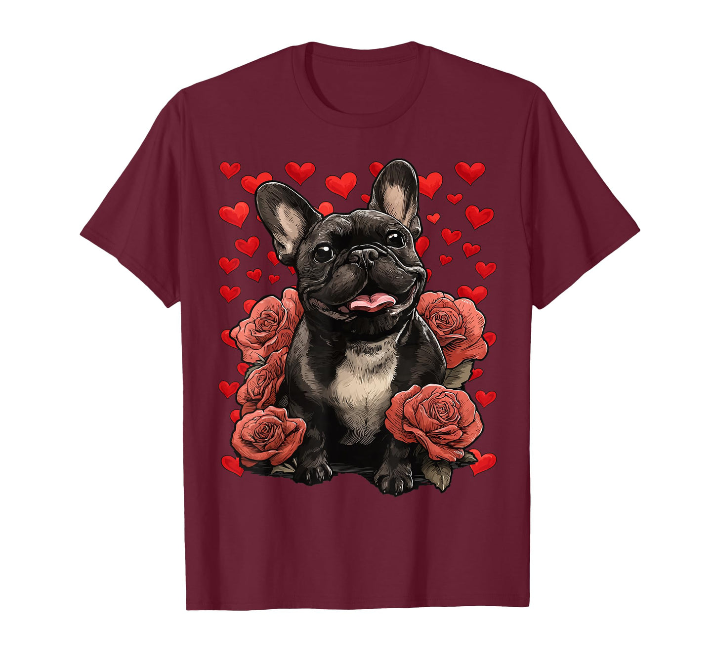 French Bulldog with Red Roses Hearts Valentine’s Day Dog T-Shirt