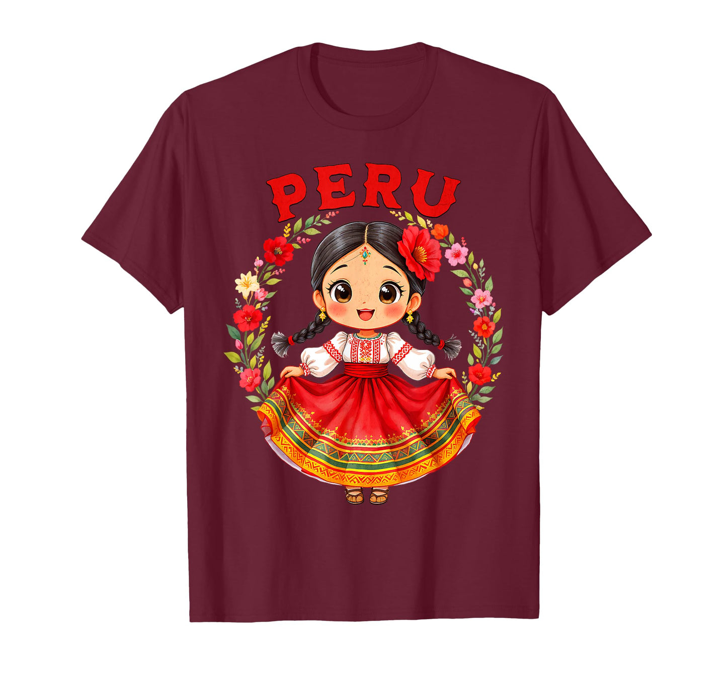 Cute Peru Girl Traditional Dress Colorful Flowers Girls Kids T-Shirt