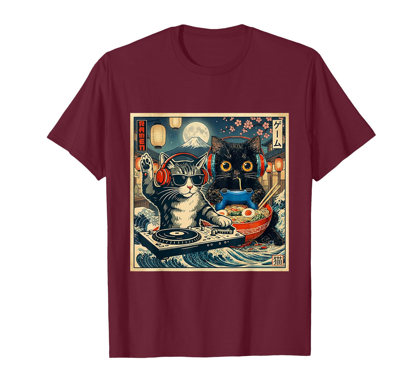 Dj Cat Vintage Style Music Black Cat Anime Ramen Japanese T-Shirt