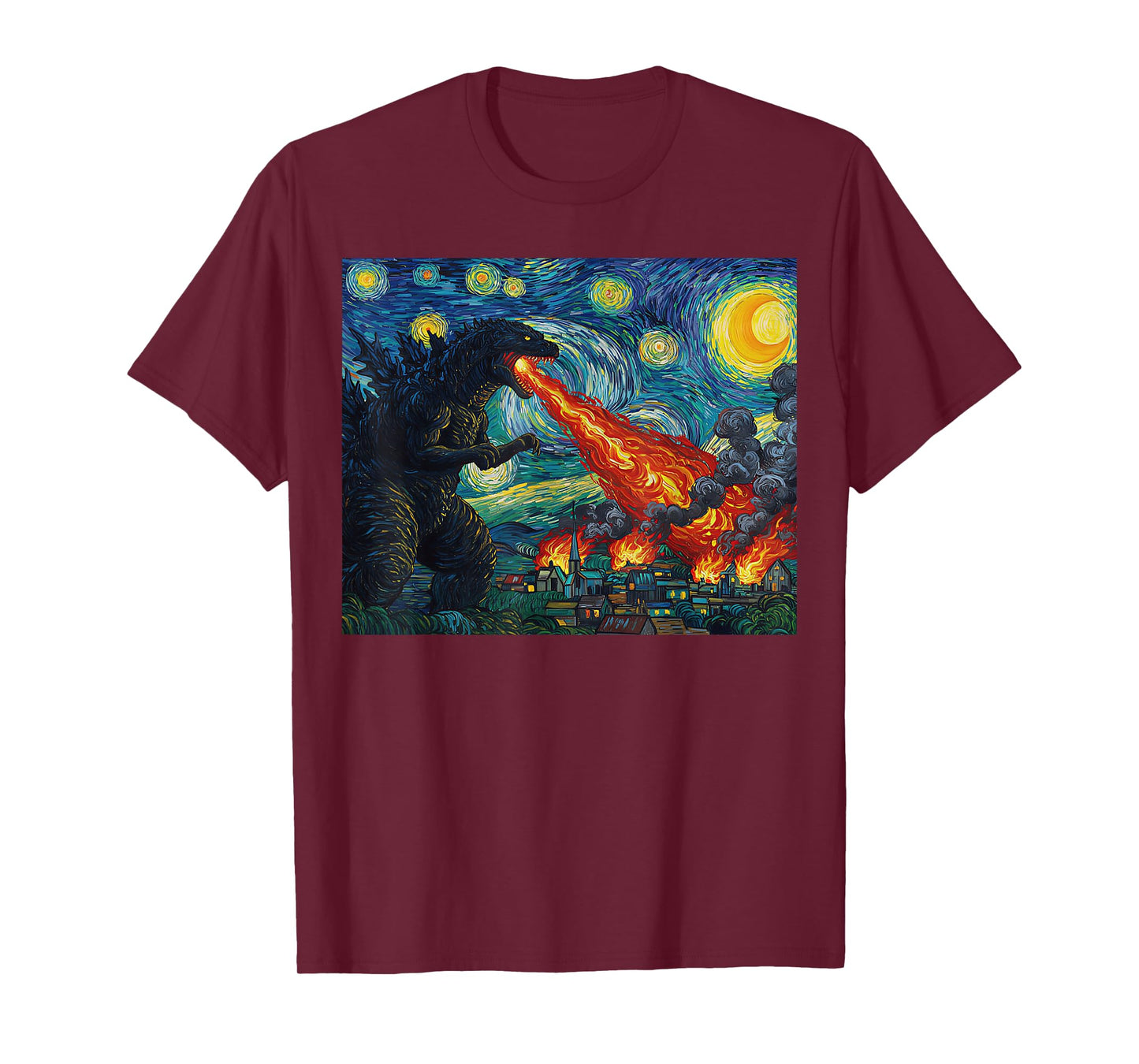 Funny Art Japanese Monster Kaiju in Van Gogh Starry Night T-Shirt