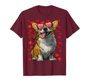 Cute Corgi with Hearts Glasses Rose Valentine's Day Dog T-Shirt