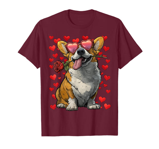 Cute Corgi with Hearts Glasses Rose Valentine's Day Dog T-Shirt