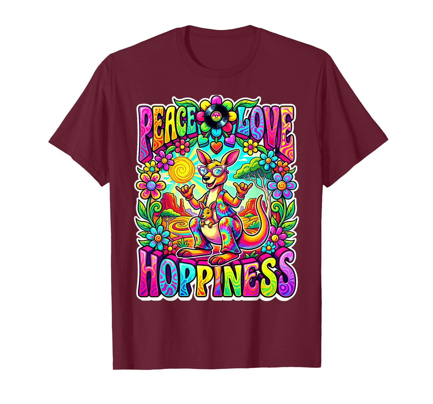 Retro Groovy Peace Love Hoppiness Roo and Joey Colorful Fun T-Shirt
