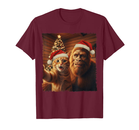 Funny Cat and Sasquatch Christmas Selfie Santa Hat Boys Men T-Shirt
