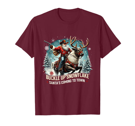 Buckle Up Snowflake Funny Cowboy Santa Design T-Shirt