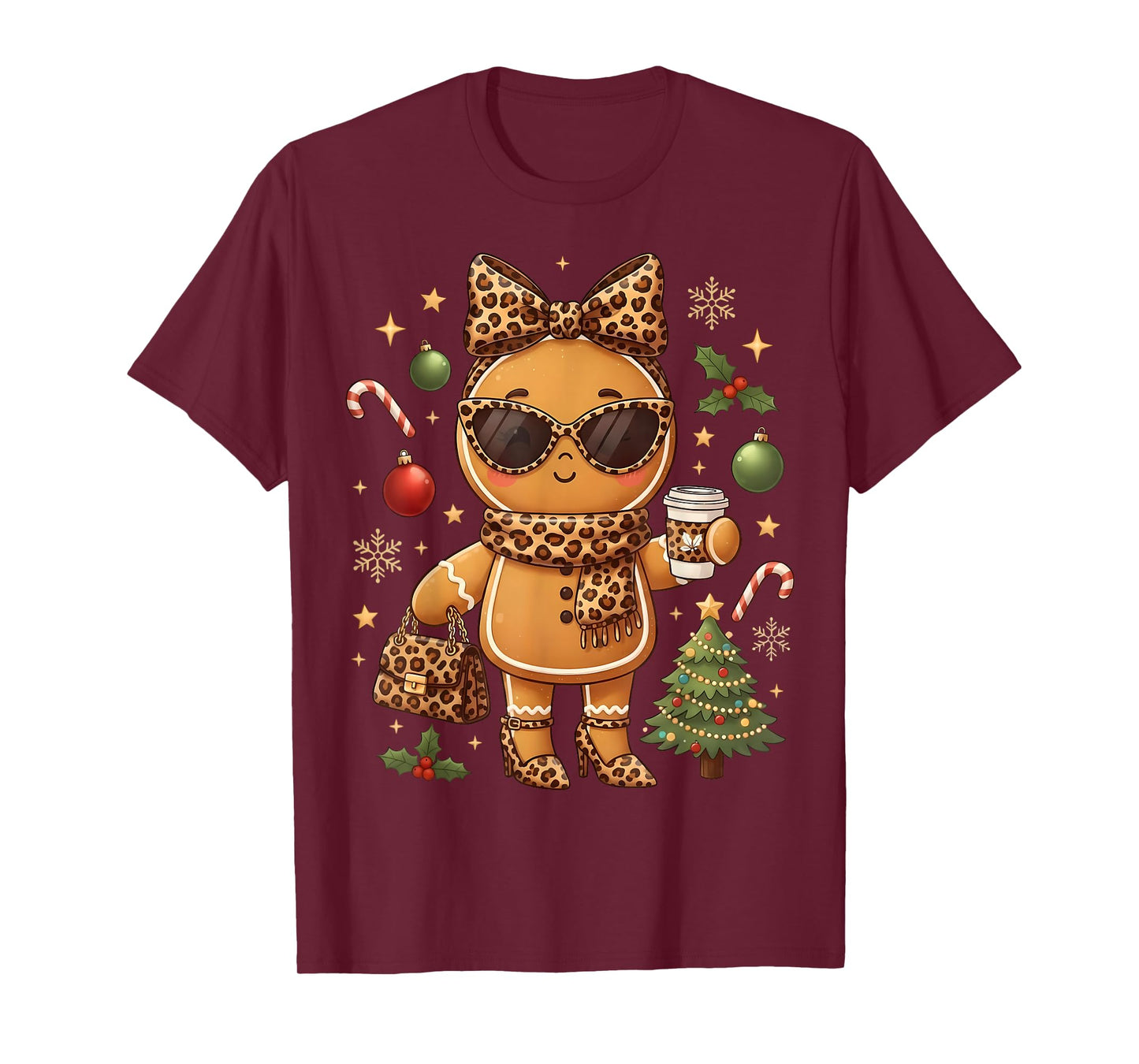 Cute Gingerbread Leopard Christmas Xmas Girl Women T-Shirt