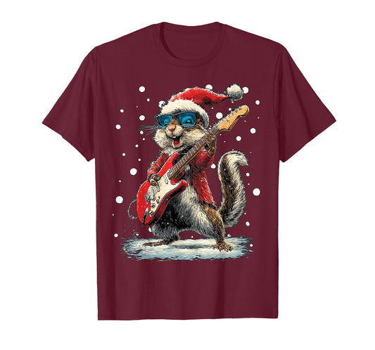 Christmas Squirrel Playing Guitar Funny Musician Kitten T-Shirt