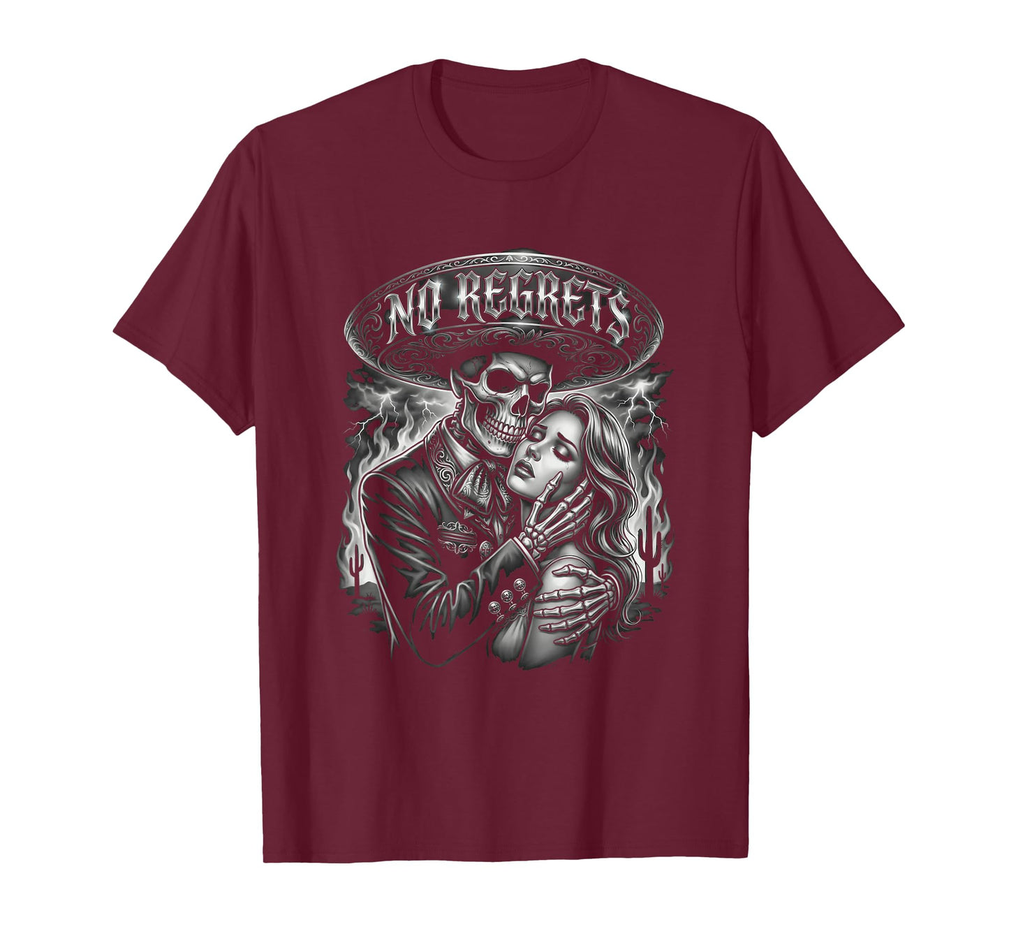 Chicano Skeleton No Regrets Sombrero Tattoo Style T-Shirt
