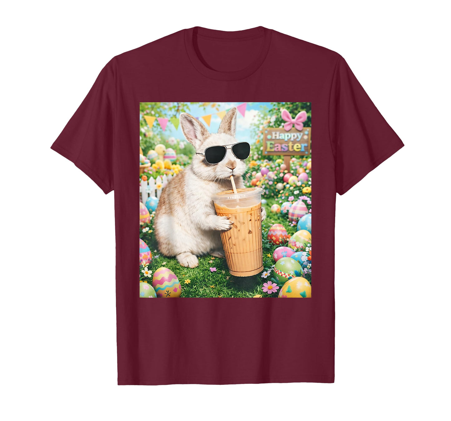 Rabbit Drinking Iced Coffee Funny Easter Bunny Men Women T-Shirt
