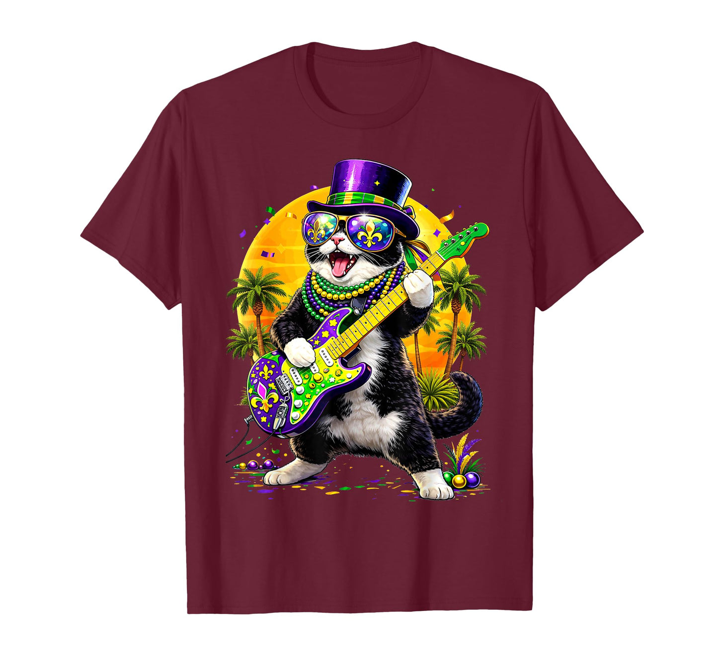 Funny Cat Playing Guitar Mardi Gras Men Women Teens Kids T-Shirt