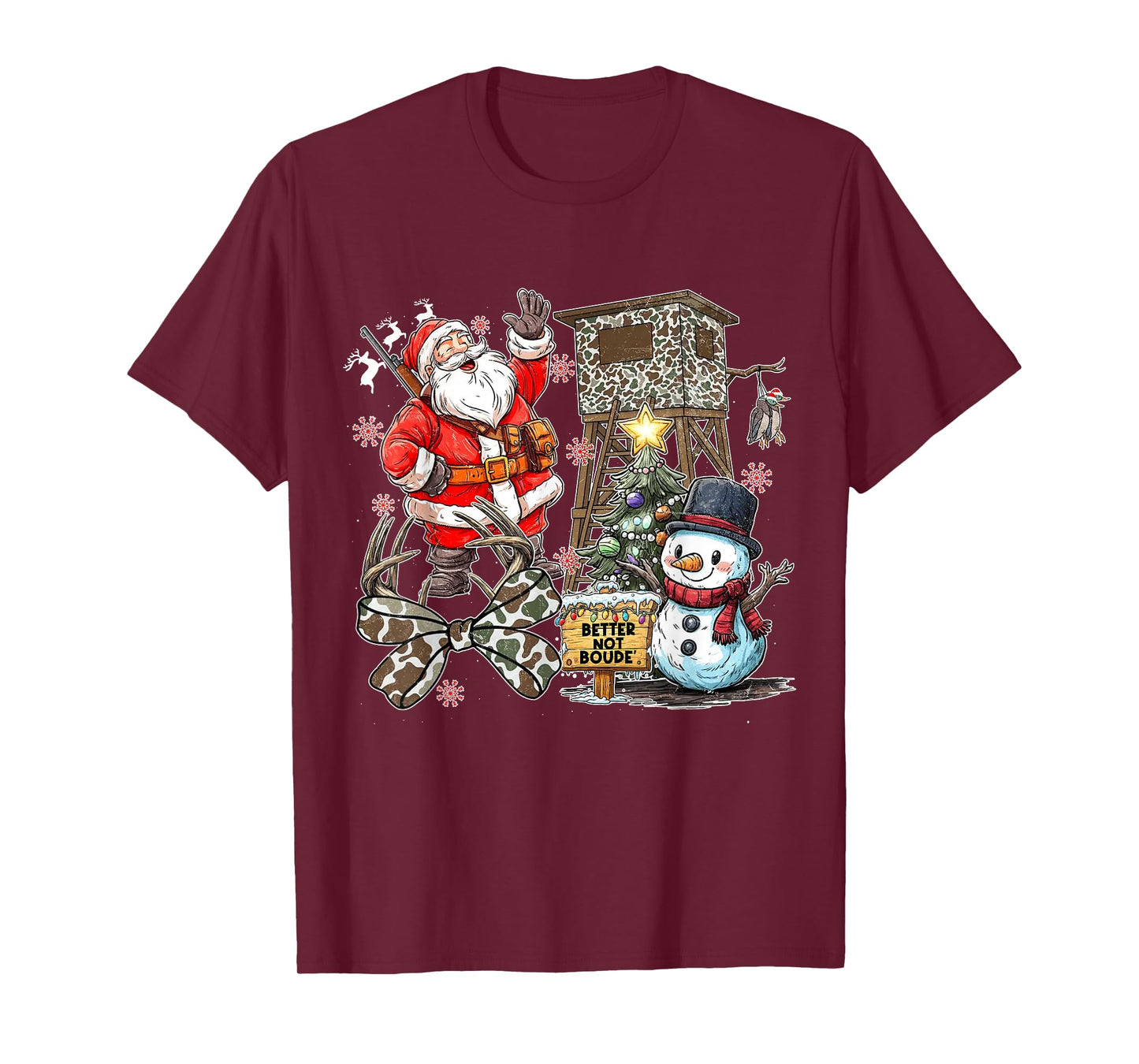 Camo Santa Hunting Coquette Bow Better Not Boude' Christmas T-Shirt
