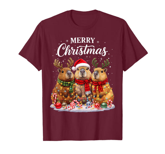 Christmas Capybara Santa Hat Reindeer Xmas Holiday Lights T-Shirt