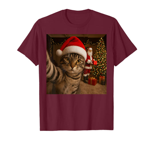 Cat Selfie Santa Claus Christmas Cat Lover Men Women Kids T-Shirt