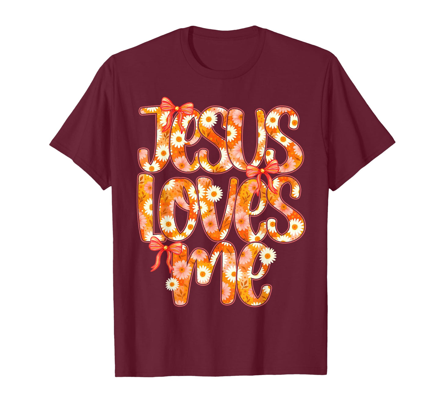 Jesus Loves Me Daisy Bow Christian Women Girl Kid Religious T-Shirt