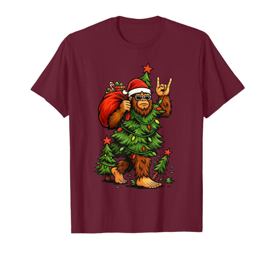 Santa Bigfoot Christmas Tree Xmas Lights Funny Sasquatch T-Shirt