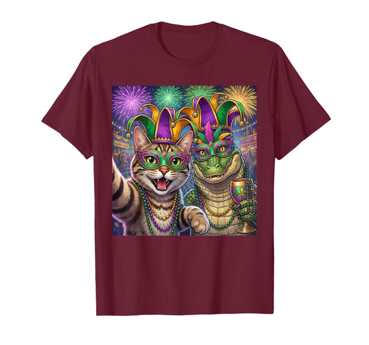Funny Cat Alligator Selfie Mardi Gras Carnival Party Art T-Shirt