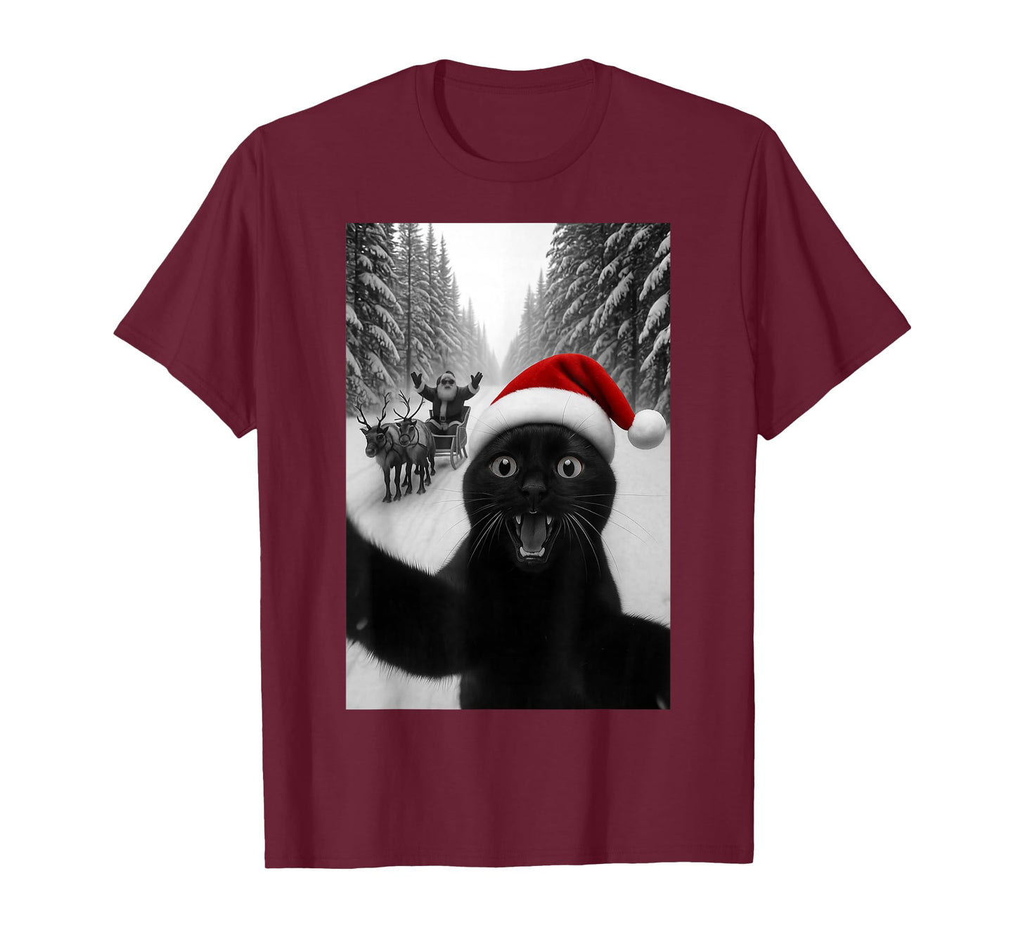 Funny Black Cat Selfie with Santa Christmas Men Women Kids T-Shirt