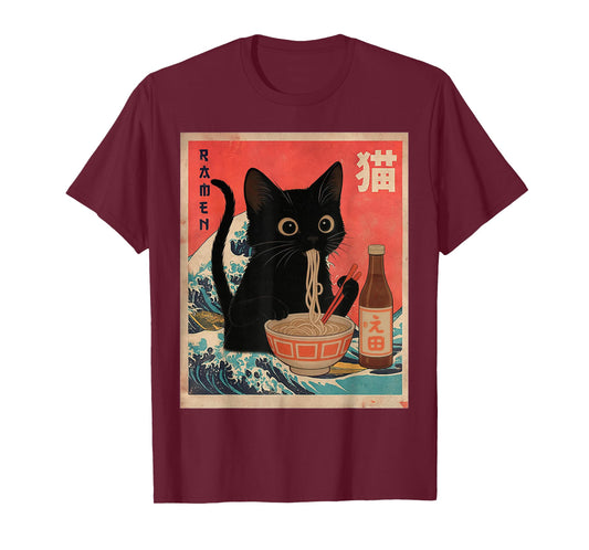 Funny Cat Eating Ramen Vintage Japanese Cat Dad Graphic Art T-Shirt