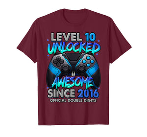 Level 10 Unlocked Awesome Since 2016 10th Birthday Gaming T-Shirt