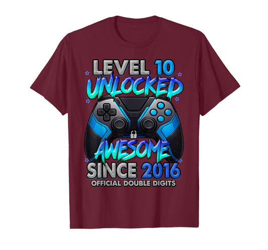 Level 10 Unlocked Awesome Since 2016 10th Birthday Gaming T-Shirt