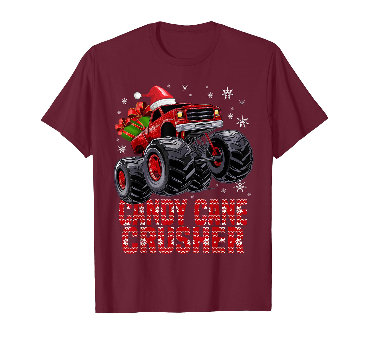 Kids Christmas Candy Cane Crusher Xmas Monster Truck T-Shirt