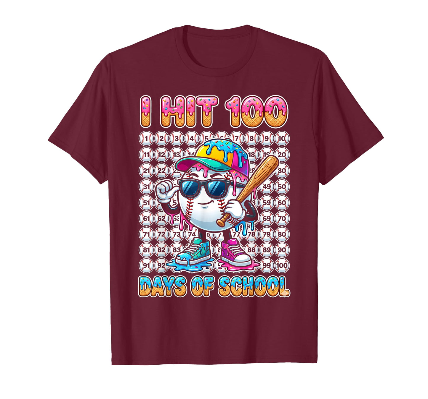 I Hit 100 Days of School Baseball Ice Cram Drip 100th Boys T-Shirt