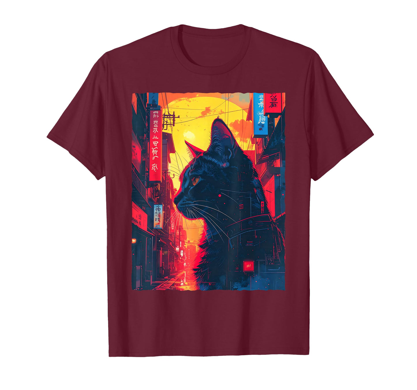 Japanese Street Black Cat Retro Future Sci-Fi Art T-Shirt