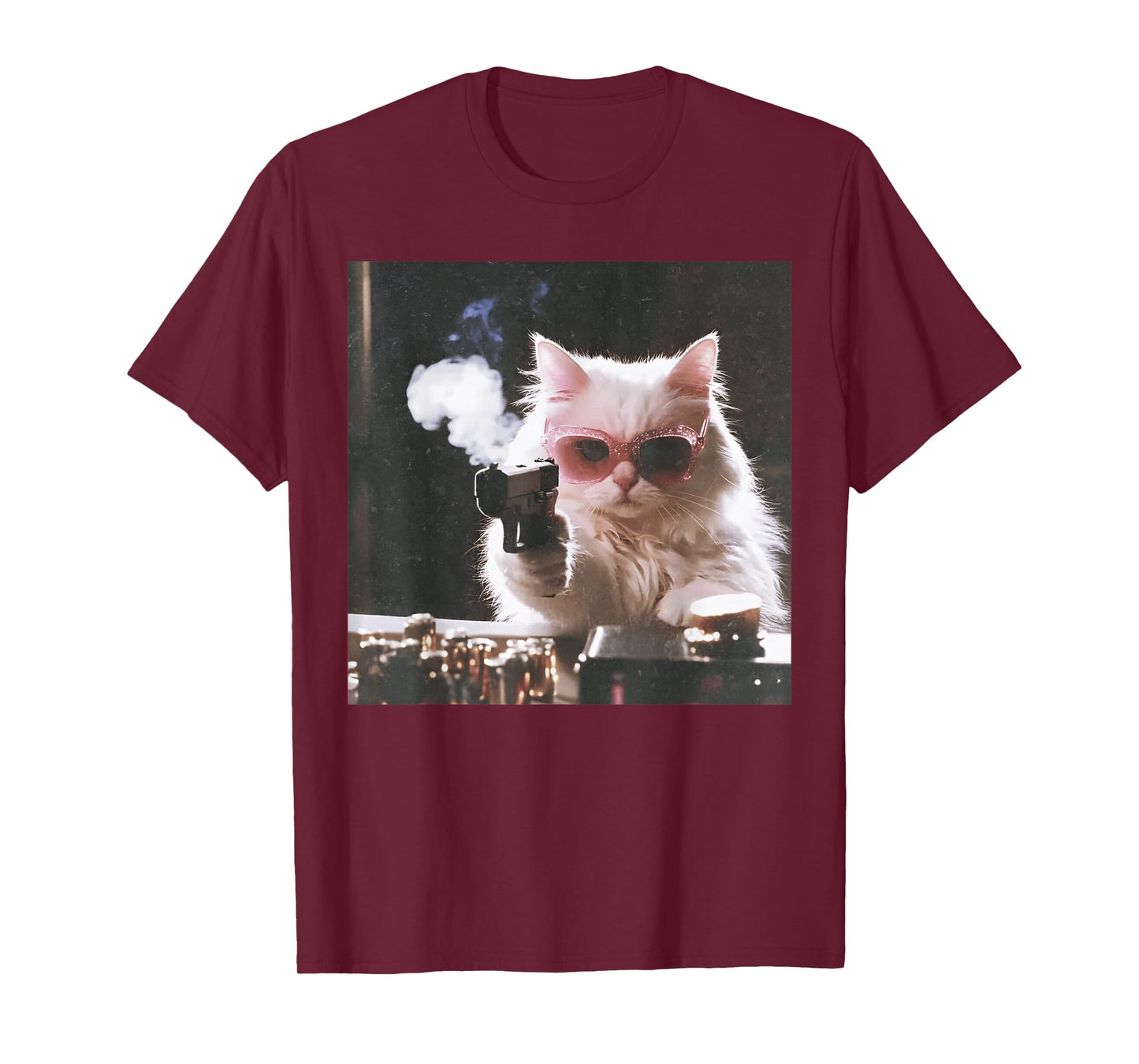 Retro Cool Cat with Gun Pink Sunglasses Cat Meme T-Shirt