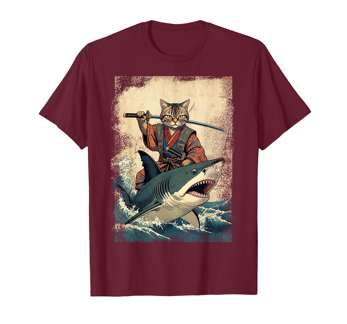 Vintage Samurai Cat Riding a Shark in Japanese Art Anime T-Shirt