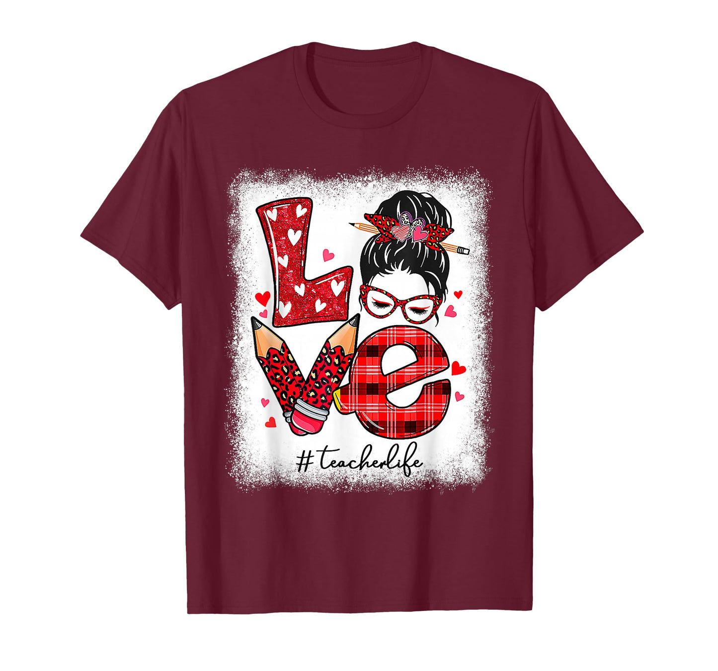Funny Teacher Life Leopard Messy Bun Valentines Day T-Shirt