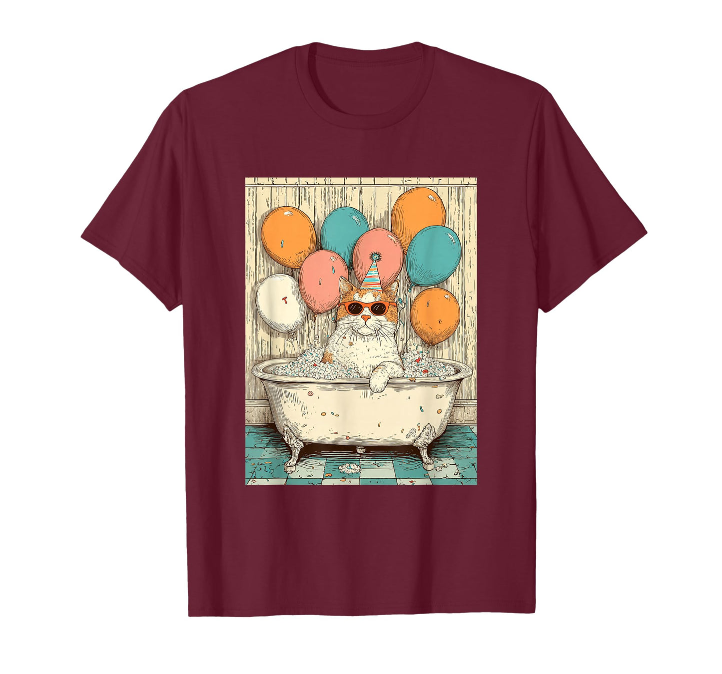 Cat Birthday Party Balloons Bathtub Art Print T-Shirt